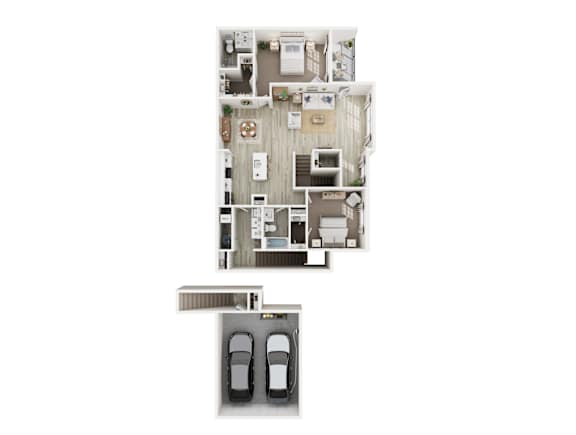 A 3D floor plan of a house with a garage.