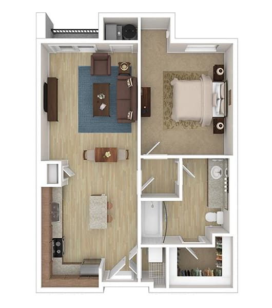 3d floor plan of the 1 bed 1 bath apartment for rent at The Lotus Apartments in Salt Lake City, Utah