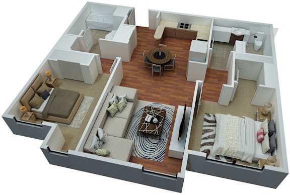 Floor Plan  A 3D floor plan of a house with a living room, kitchen, and bathrooms.