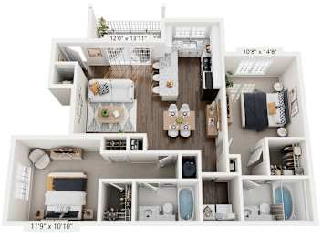Floor Plan  3-D Rendering of The Carolina floor plan at The Enclave at Crossroads Apartments in Raleigh, NC