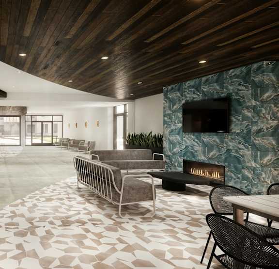 Modern clubhouse with fireplace at 3 Notch'd Flats Apartments, Virginia