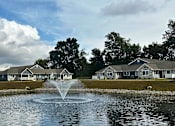 Thumbnail 11 of 36 - a fountain in the middle of a pond with houses in the background