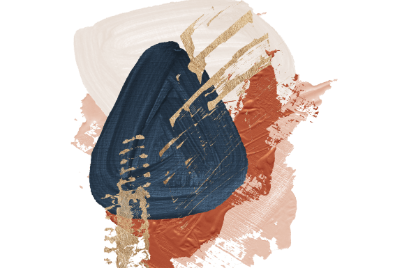 a painting of a blue denim bag with a red paint stain