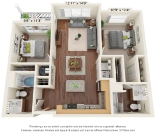 2 bed 2 bath floor plan A at Preserve at Peachtree Shoals 55+ Apartments, Dacula, Georgia