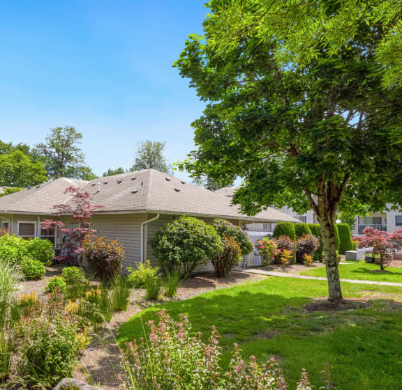 beautiful landscaping next to the parking area at Sage Apartments, Washington, 98204