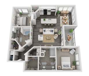 A 3D floor plan of a house with a kitchen, living room, dining room, and bathrooms.