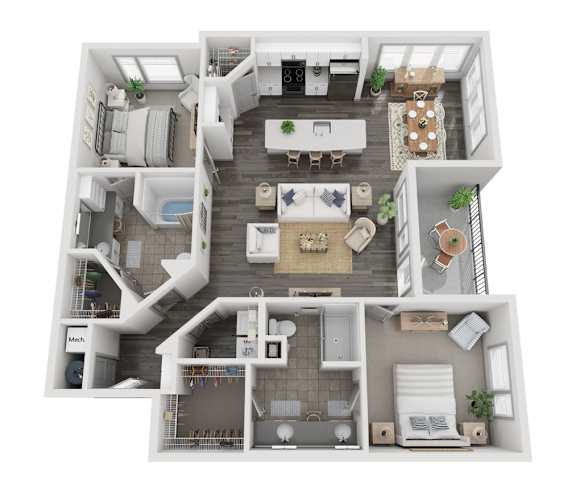 A 3D floor plan of a house with a kitchen, living room, dining room, and bathrooms.