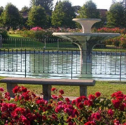 A bench is in front of a fence and a pond with a waterfall.