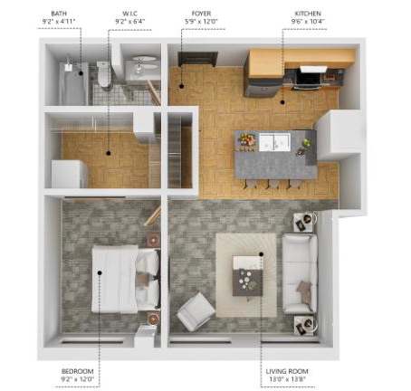 Floor Plan  A2 1Bed 1Bath at The Des Moines Building Apartments, IA, 50309