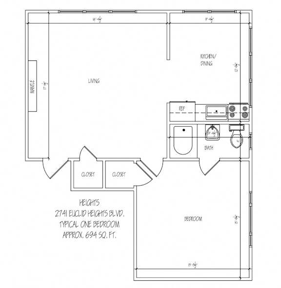 Heights 1 bed 1 bath floorplan at Heights Collection Apartments, Cleveland Heights, OH