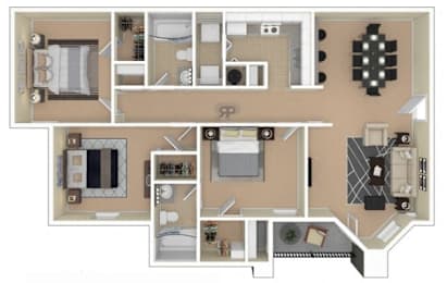 A floor plan of a house with a kitchen, living room, and two bedrooms.