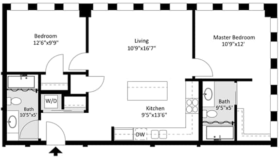 Floor Plan  A floor plan of a small apartment with a living room, two bedrooms, a kitchen, and two bathrooms.