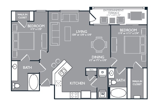 Two-Bedroom Floor Plan at Mansions at Spring Creek, Garland, TX, 75044