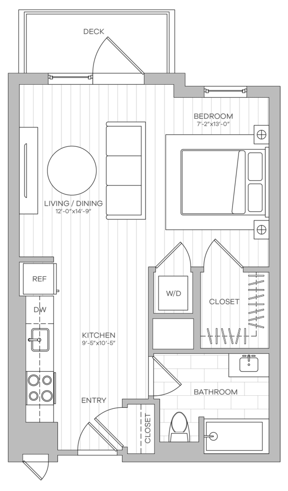 A floor plan of a house with a kitchen, living room, and bathrooms.