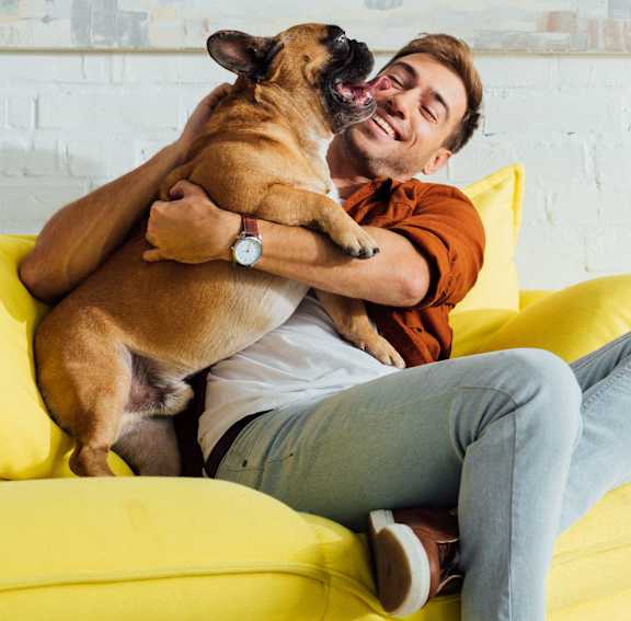 a man sitting on a yellow couch holding a dog at Paramount on Lake Eola, Orlando, FL, 32801