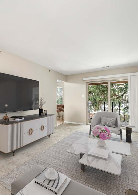 A modern living room with a television, sofas, and a coffee table.