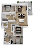 A floor plan of a house with a kitchen, living room, dining room, and bedrooms.