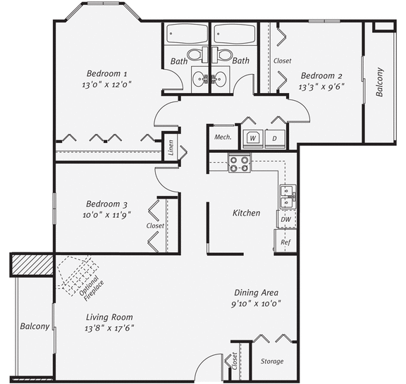 Floor Plan  3 Bedroom 1274 SqFt