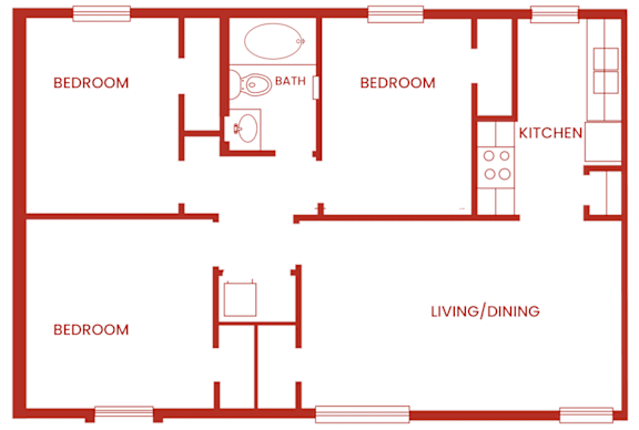 A red floor plan of a living unit type C.