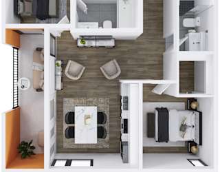 A top-down view of a modern apartment layout.