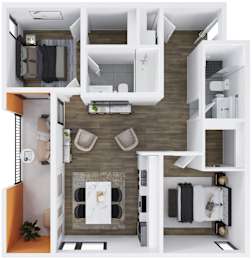 A top-down view of a modern apartment layout.