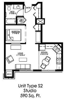 Studio Floor Plan at The Landings at Silver Lake Village, Minnesota, 55421