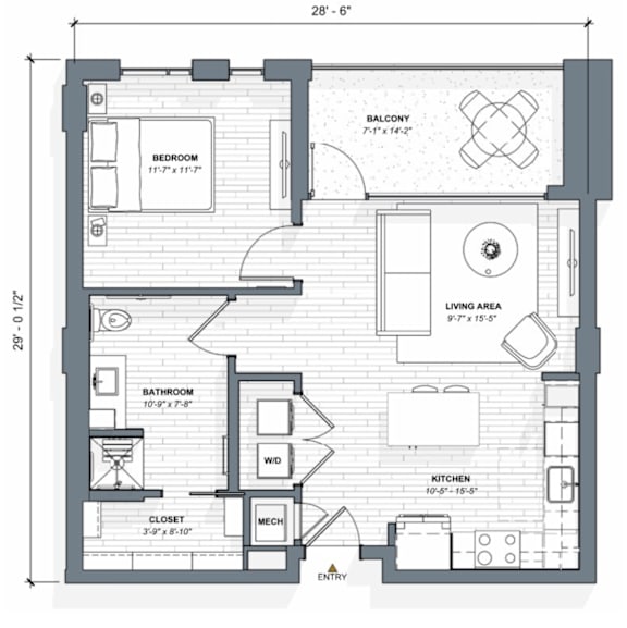 52 TEN A2 Floorplan, 1 bed 1 bath