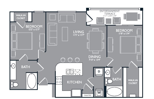 Two Bed Two Bath Floor Plan at Towers at Spring Creek, Garland, 75044