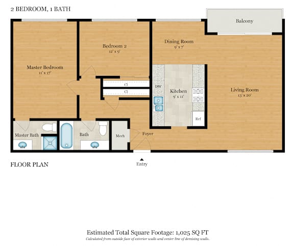 A floor plan of a house with a total square footage of 915 sq ft.