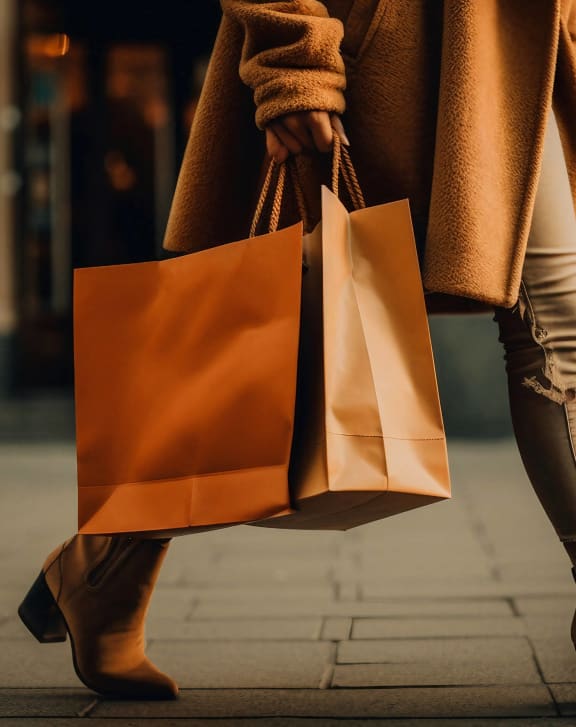 a woman walking down the street with shopping bags