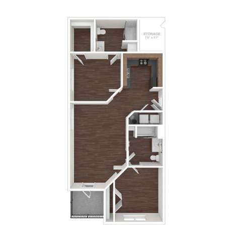 A floor plan of a small apartment with a storage area.