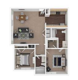 A floor plan of a small apartment with a kitchen, living room, and bathroom.