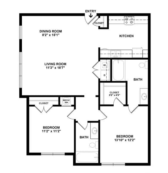 A floor plan of a home with a living room, dining room, kitchen, and two bedrooms.