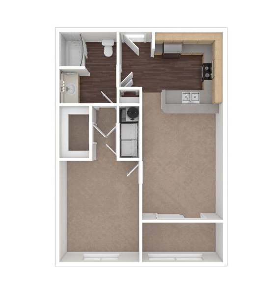 A floor plan of a small apartment with a kitchen, living room, and bathroom.