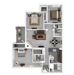 A floor plan of a house with a kitchen, living room, and two bedrooms.