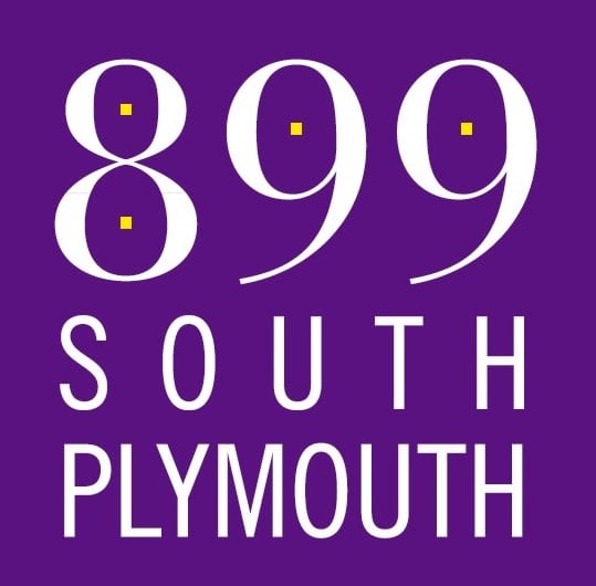 The image displays the text "899 South Plymouth" in large white numbers on a purple background.