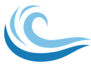A blue wave logo on a black background.