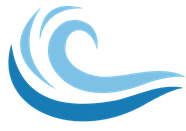 A blue wave logo on a black background.