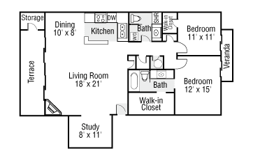 Two Bedrooms Two Baths with Study