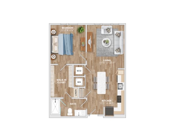 A6A Floor Plan 1 Bed 1 Bath 737 Sq. Ft. at Hawkins Press Apartments, Charlotte, NC 28203