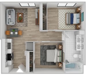 A top-down view of a modern apartment layout with a kitchen, living room, and two bedrooms.