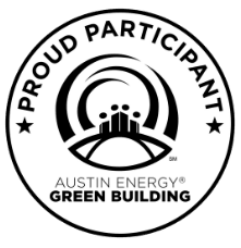 A circular logo with the words "Proud Participant" and "Austin Energy Green Building".