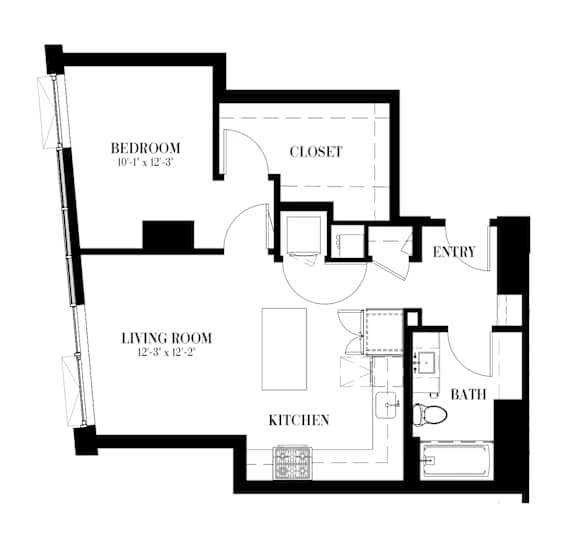 A black and white image of a floor plan for a one bedroom apartment.
