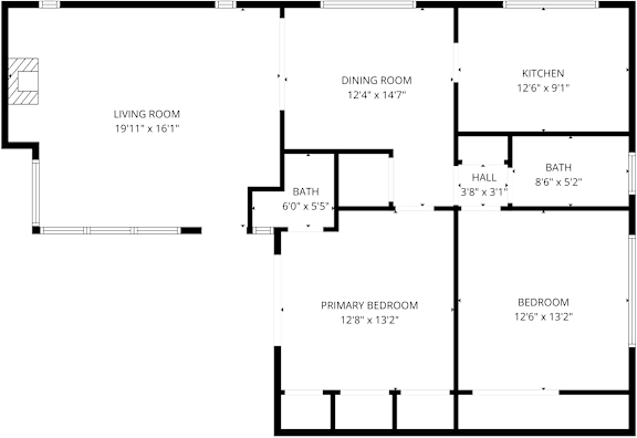 A black and white floor plan of a house with labeled rooms.
