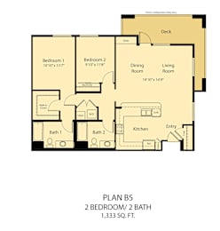 A floor plan for a home with two bedrooms, two bathrooms, and a deck.
