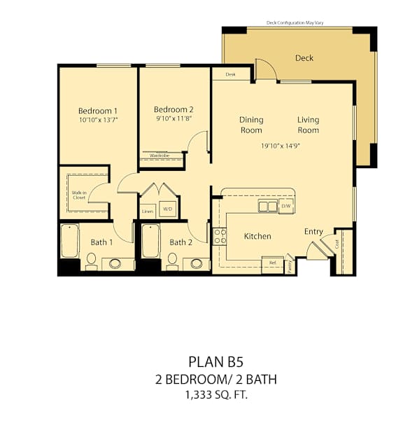 A floor plan for a home with two bedrooms, two bathrooms, and a deck.