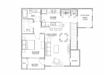 A floor plan for an apartment with a second floor, one bedroom, and one bathroom.