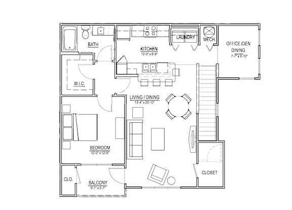 A floor plan for an apartment with a second floor, one bedroom, and one bathroom.