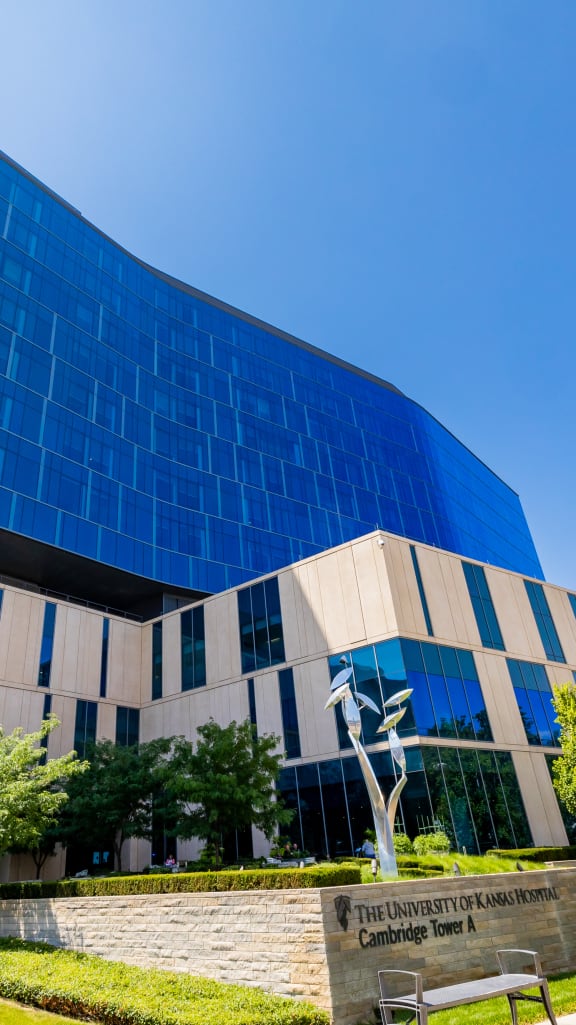a blue and gray building with a sculpture in front of it