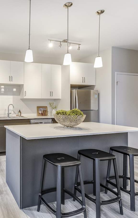 A modern kitchen with white cabinets and stainless steel appliances.